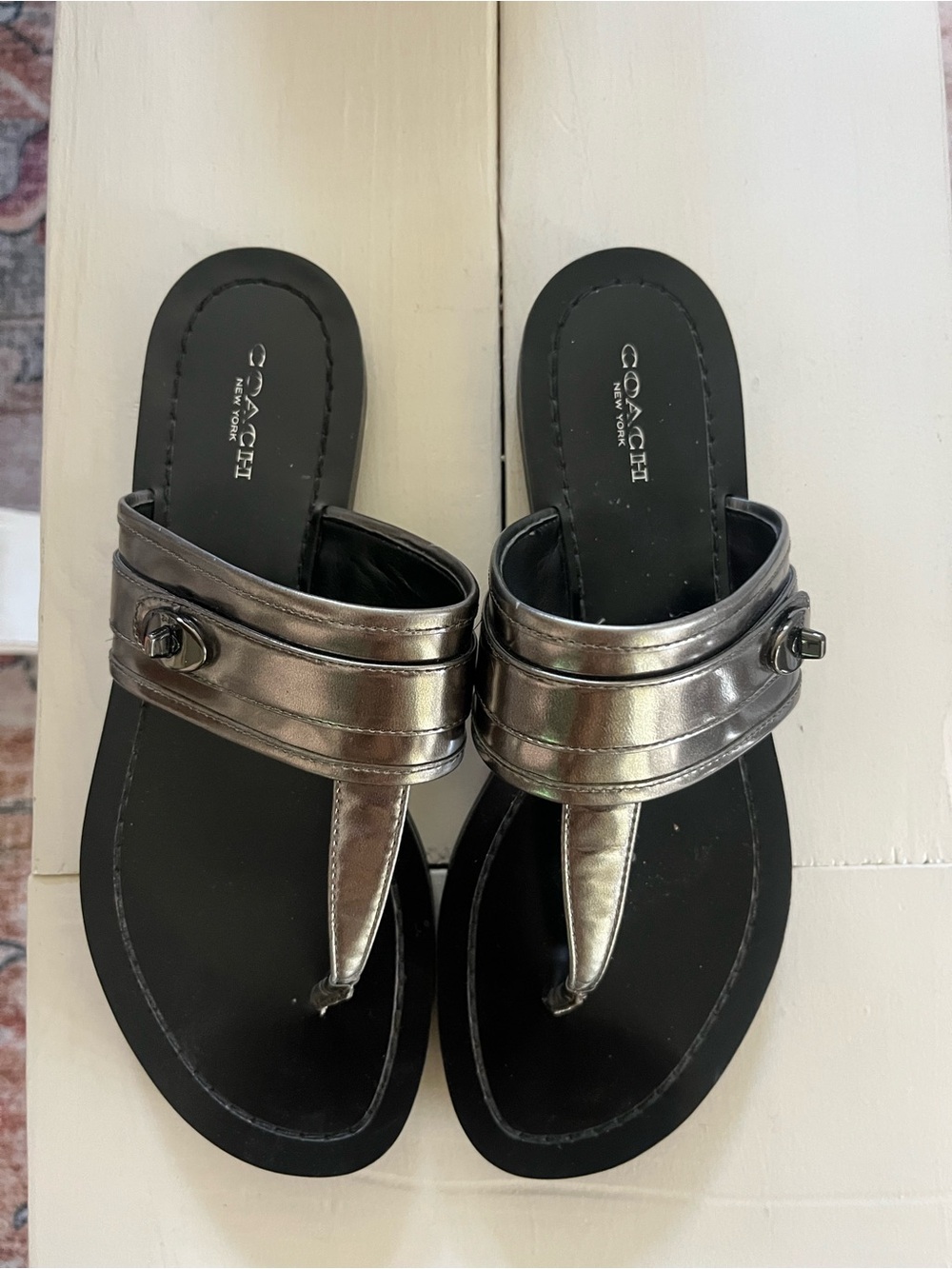 Coach Metallic Pewter Leather Thong Sandals for Women